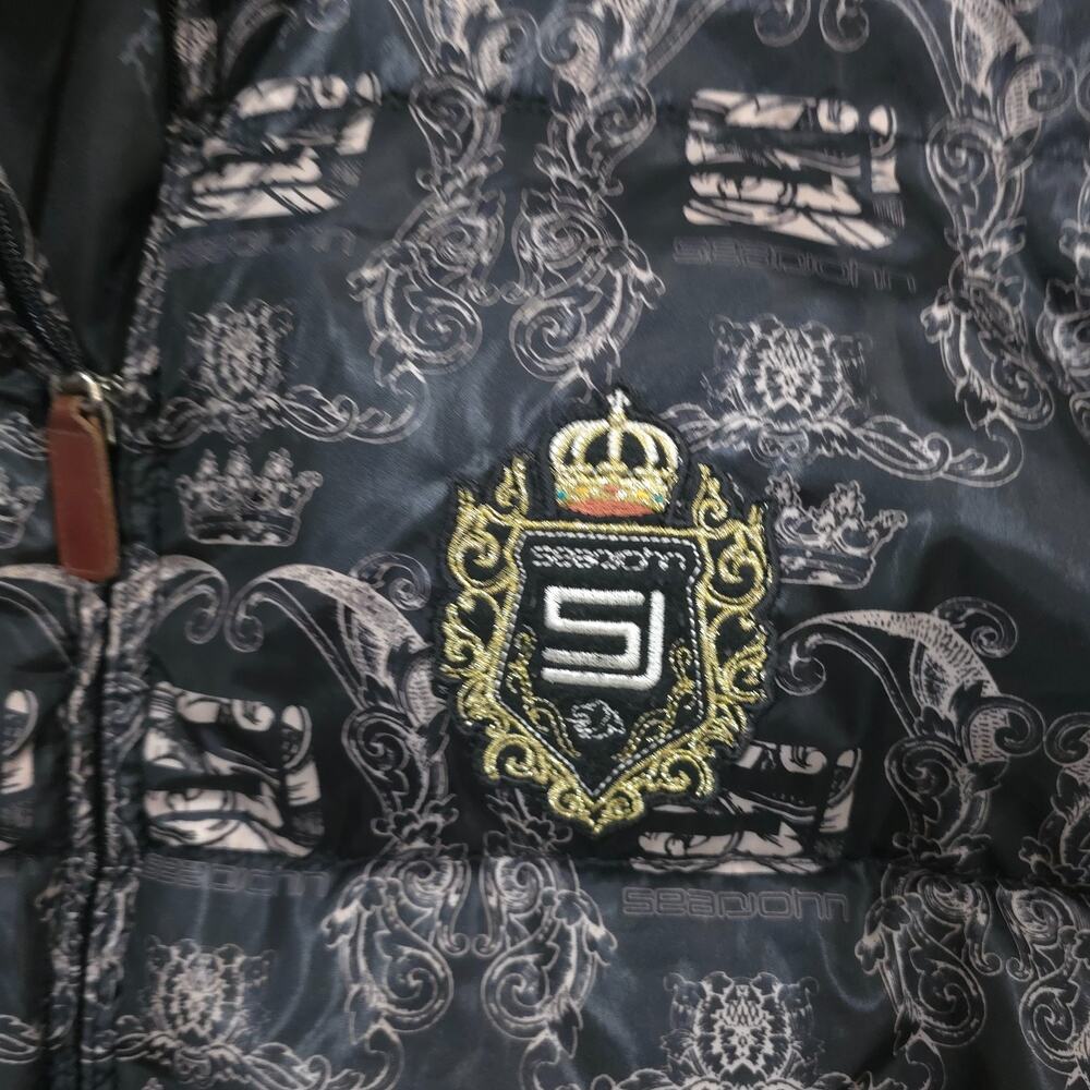 Sean John Puffer Jacket 2XL Black Full Zip Crown Crest Monogram Print Coat - Picture 5 of 15